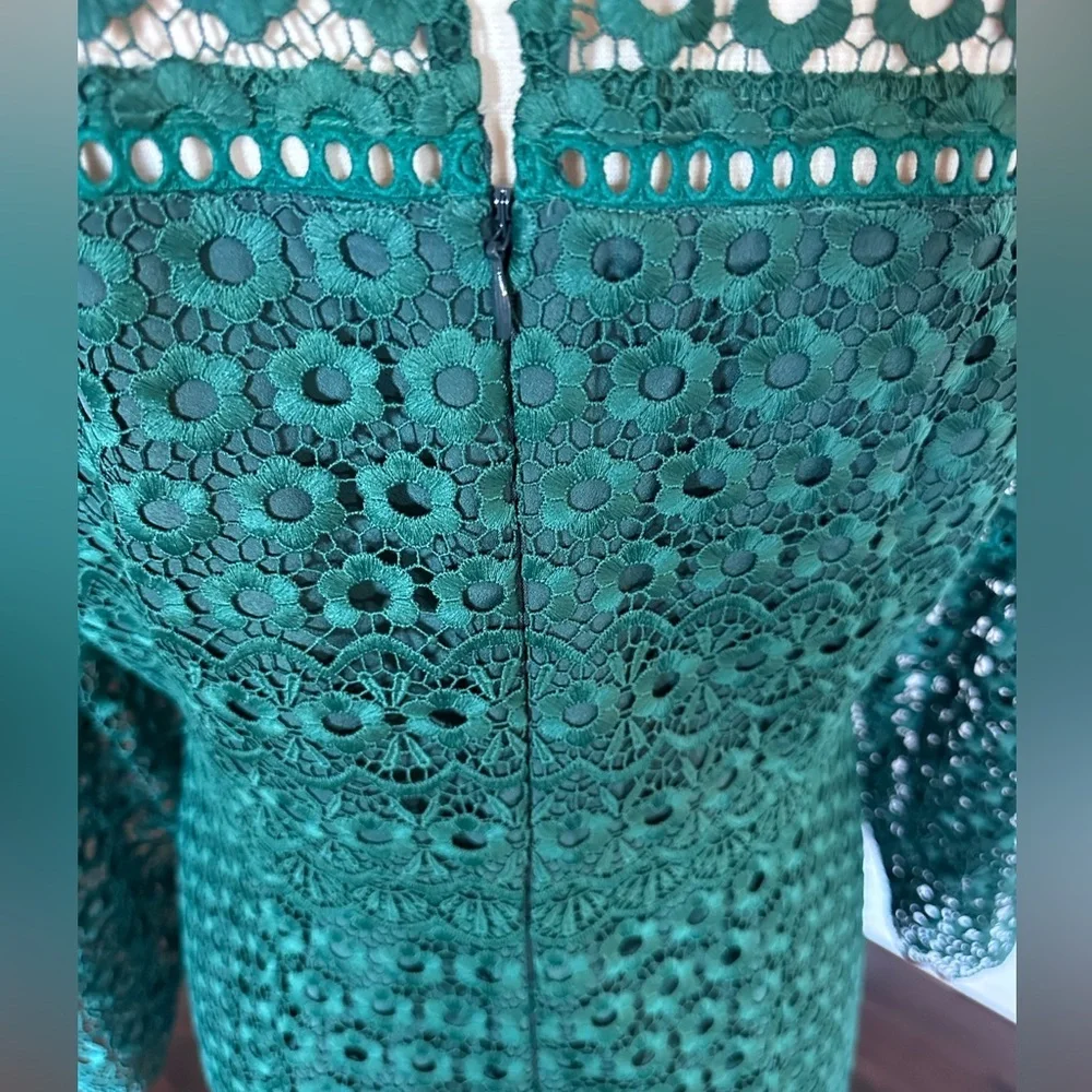 J. Crew Dress Bell Sleeve Daisy Eyelet Lace Crochet Holiday Emerald Green 12 - Picture 7 of 12